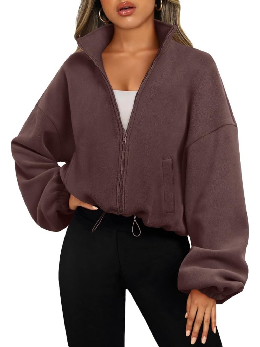 Women's Brown Long Sleeve ZIP Up Oversized Cropped Sweatshirt Fleece Jacket